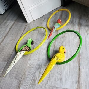 Vintage Hanging Wooden Parrots Macaws on Wooden Circle